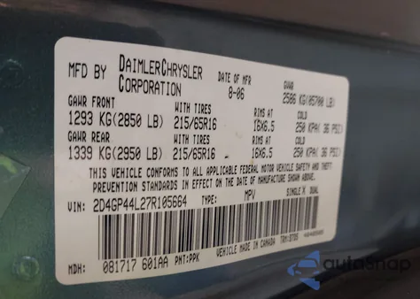 2007 Dodge Grand Caravan Sxt from USA, damaged, VIN 2D4GP44L27R105664